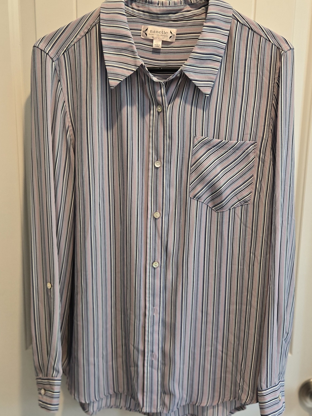Nanette Lepore Lavender and Blue Vertical Stripe Dress Shirt